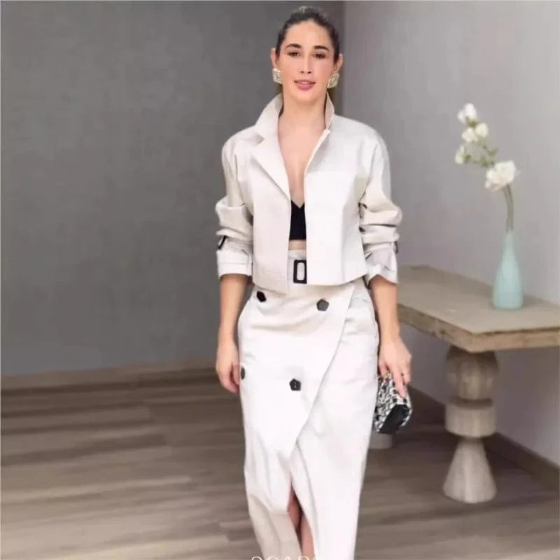 Two Piece Set Women Dress Sets Belt Midi Skirts Cardigan Coats Suits A Line Loose Fit Casual Frock Skirt Office Lady Spring
