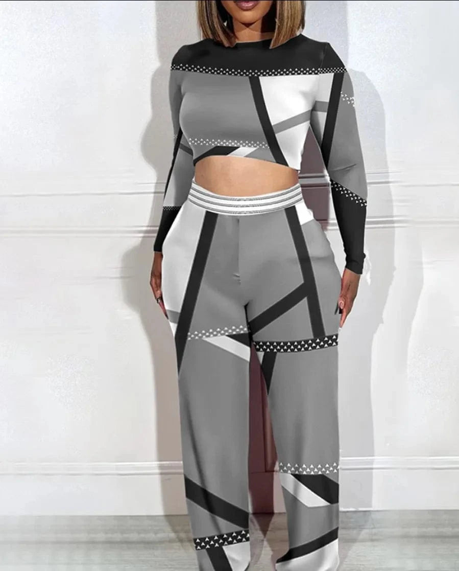 Two Piece Set Women Outfit 2024 Spring Fashion Geometric Print Colorblock Round Neck Long Sleeve Crop Top Wide Leg Pants Set
