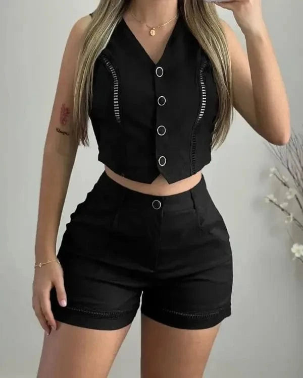 Two Piece Short Pants Suit Women Matching Set Solid Sleeveless Top High Waist Zipper Pant Slim Causal Elegant Office Lady Summer