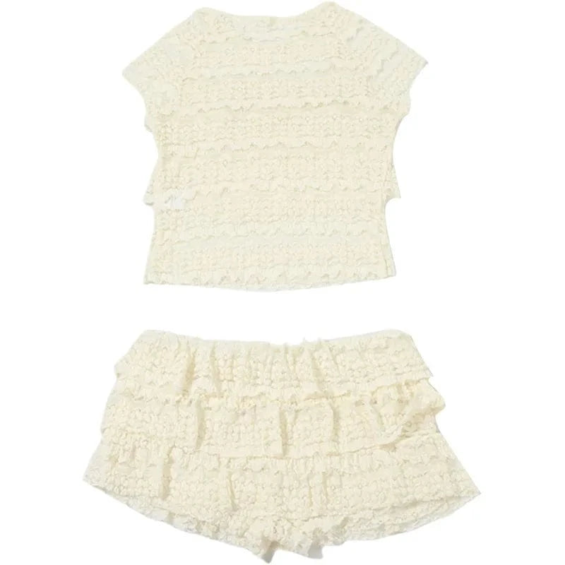Two Piece Women Crop Top And Mini Skirt Matching Set 2024 New Summer Fashion Sexy White Lace Ruffle Ruched Skirts Outfits