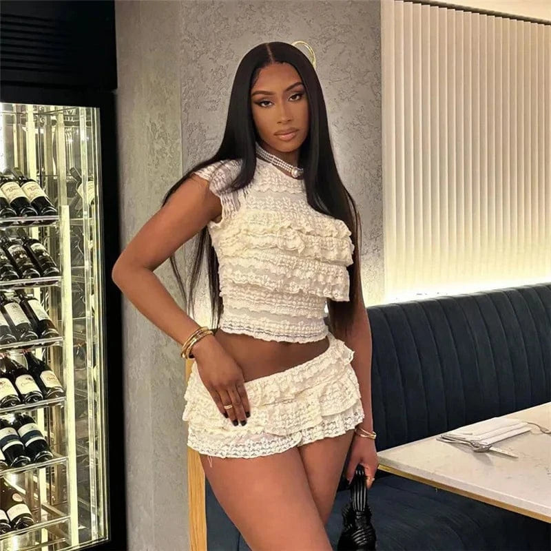 Two Piece Women Crop Top And Mini Skirt Matching Set 2024 New Summer Fashion Sexy White Lace Ruffle Ruched Skirts Outfits
