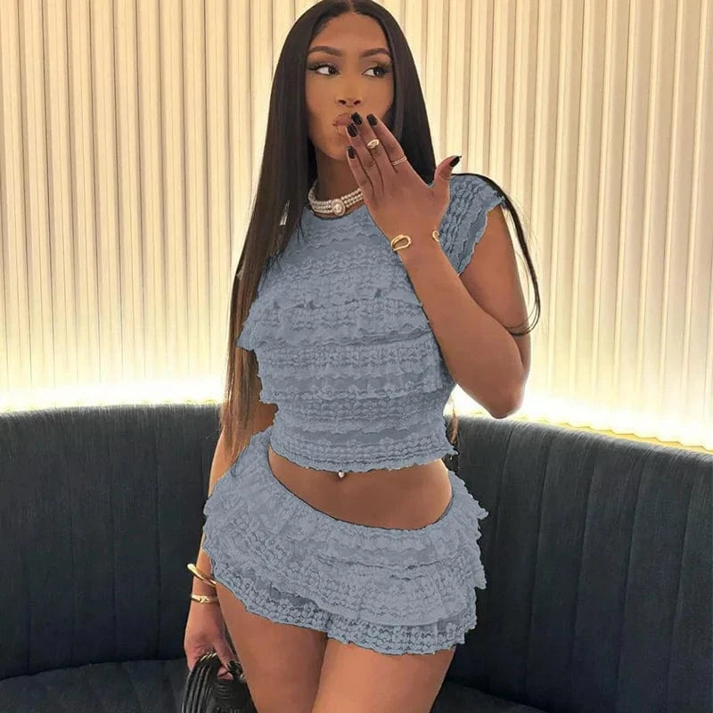 Two Piece Women Crop Top And Mini Skirt Matching Set 2024 New Summer Fashion Sexy White Lace Ruffle Ruched Skirts Outfits