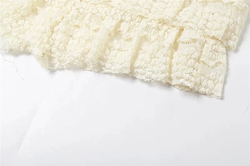 Two Piece Women Crop Top And Mini Skirt Matching Set 2024 New Summer Fashion Sexy White Lace Ruffle Ruched Skirts Outfits