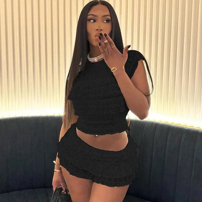 Two Piece Women Crop Top And Mini Skirt Matching Set 2024 New Summer Fashion Sexy White Lace Ruffle Ruched Skirts Outfits