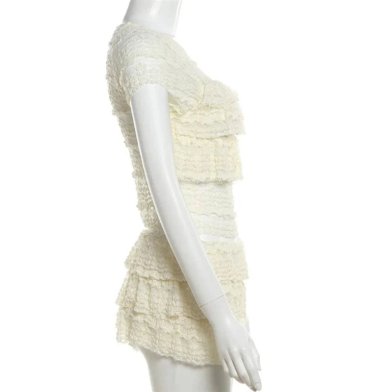 Two Piece Women Crop Top And Mini Skirt Matching Set 2024 New Summer Fashion Sexy White Lace Ruffle Ruched Skirts Outfits