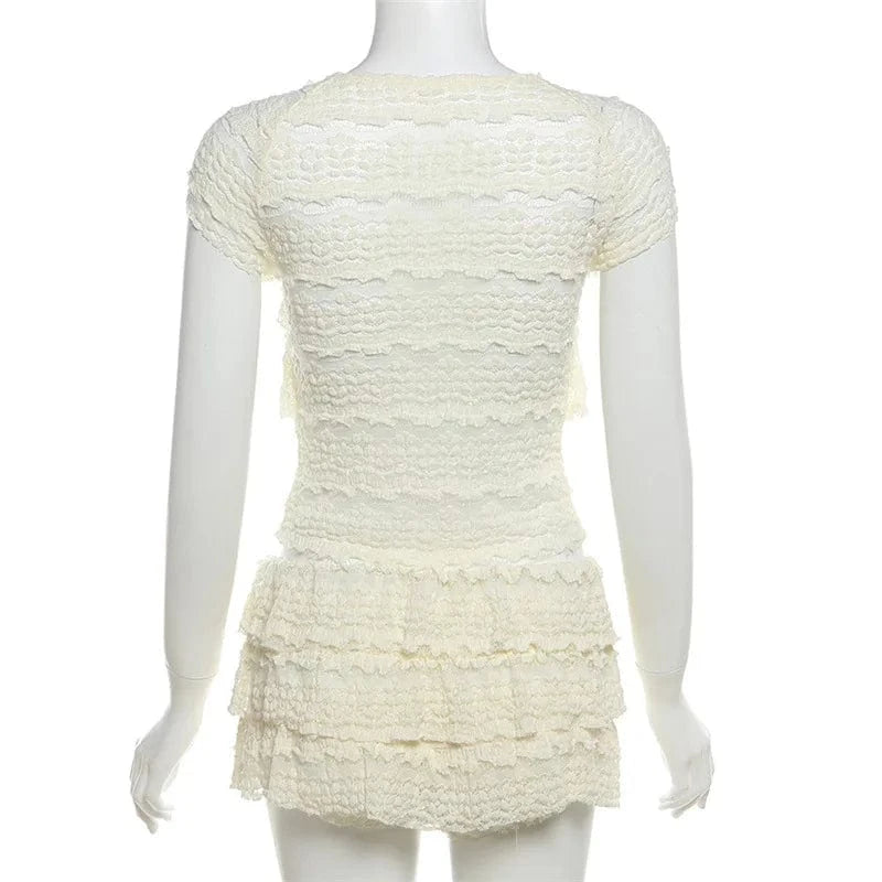 Two Piece Women Crop Top And Mini Skirt Matching Set 2024 New Summer Fashion Sexy White Lace Ruffle Ruched Skirts Outfits