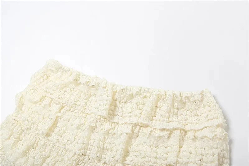 Two Piece Women Crop Top And Mini Skirt Matching Set 2024 New Summer Fashion Sexy White Lace Ruffle Ruched Skirts Outfits