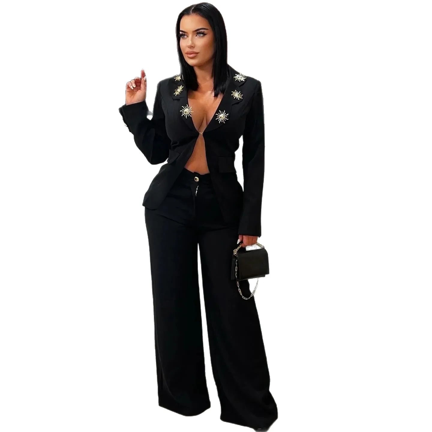 Two - Piece Women's Long Pant Set + Turn - Down Collar Top With Single Button + Casual Summer Style - SN Wigs & More