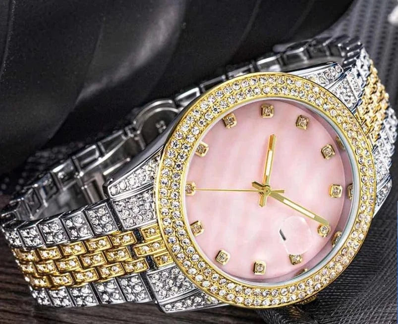Two tone pink 2025 UWIN Pink Mother of Pearl Watch White Gold Finished Iced Out Pink Marble Dial Crystal Luxury Watch for Women