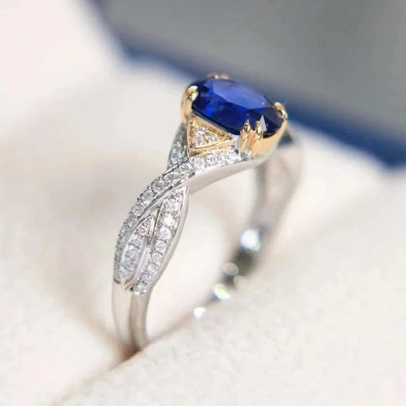 Two tones lab grown 1.5CT oval Royal Blue Sapphire Moissanite Diamonds twist band 14K Gold gift rings jewelry