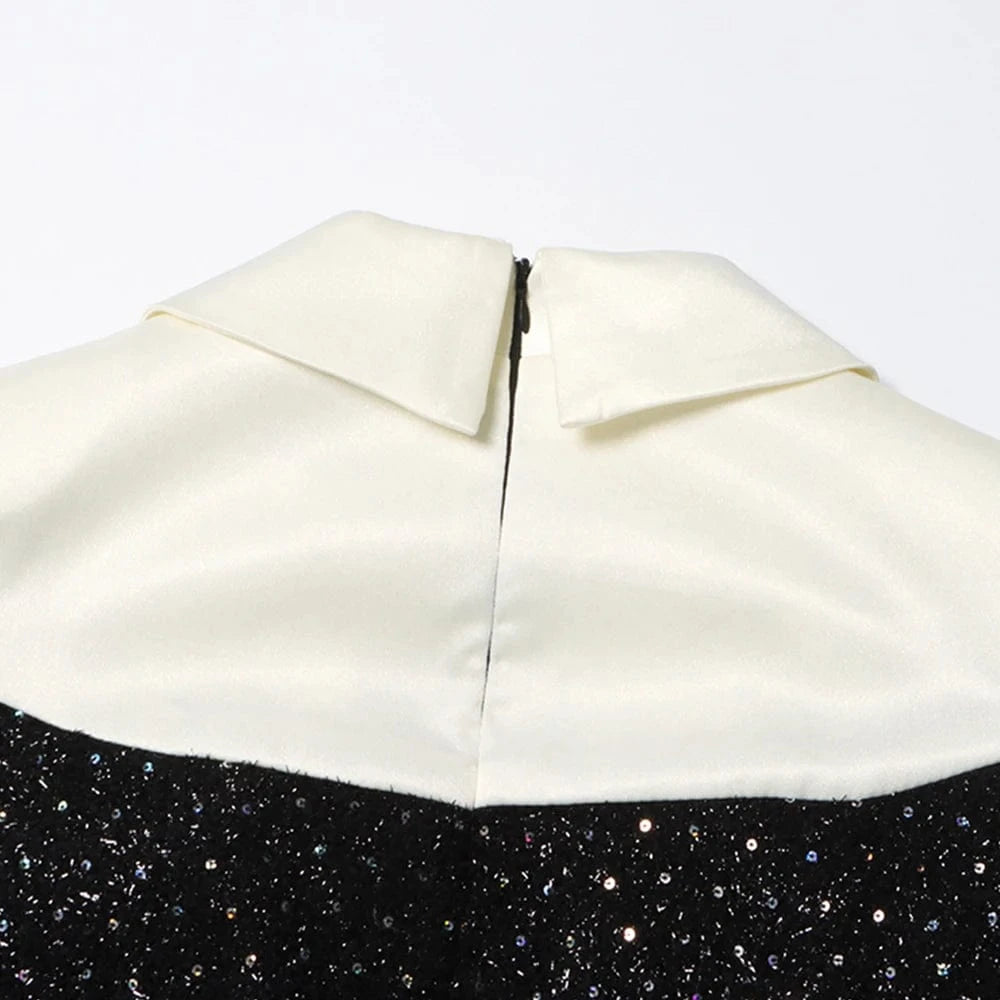 TWOTWINSTYLE New High-end Design Lapel Contrast Diamond Shining Sequin Pearl Black Dress Fall Sexy Elegant Women's Dresses