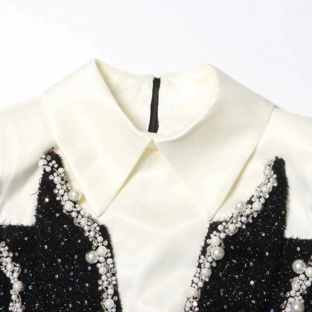 TWOTWINSTYLE New High-end Design Lapel Contrast Diamond Shining Sequin Pearl Black Dress Fall Sexy Elegant Women's Dresses
