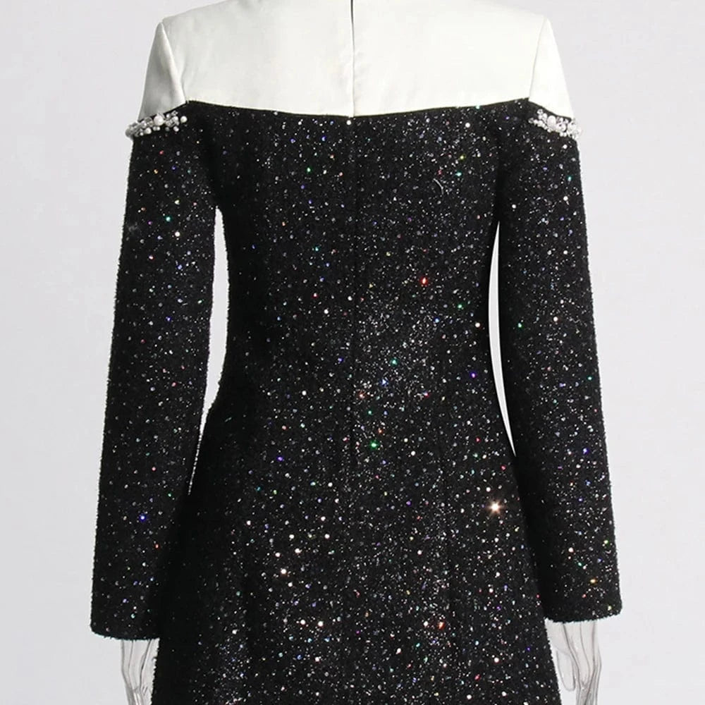 TWOTWINSTYLE New High-end Design Lapel Contrast Diamond Shining Sequin Pearl Black Dress Fall Sexy Elegant Women's Dresses