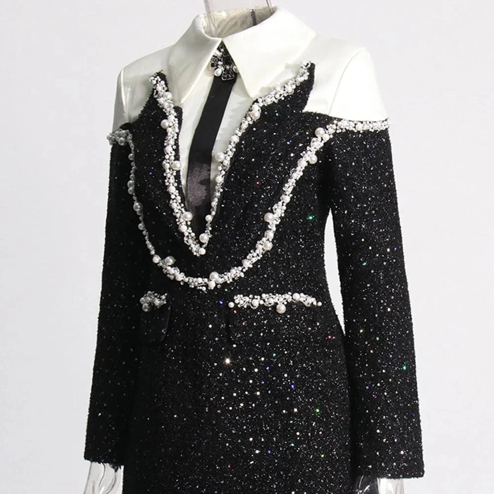 TWOTWINSTYLE New High-end Design Lapel Contrast Diamond Shining Sequin Pearl Black Dress Fall Sexy Elegant Women's Dresses