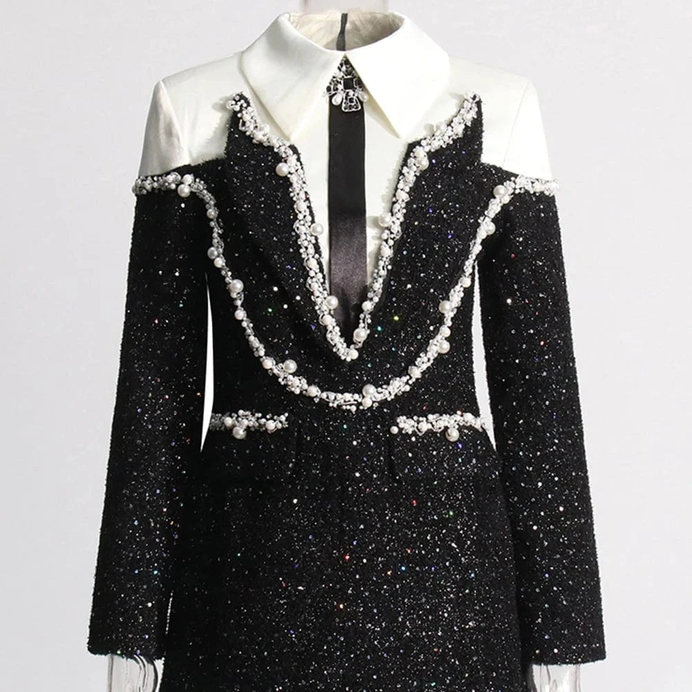 TWOTWINSTYLE New High-end Design Lapel Contrast Diamond Shining Sequin Pearl Black Dress Fall Sexy Elegant Women's Dresses