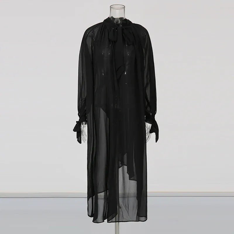 TWOTWINSTYLE Solid Loose Sheer Spliced Folds Fashion Blouses for Women High Neck Long Sleeves Irregular Blouse Female Clothing - SN Wigs & More