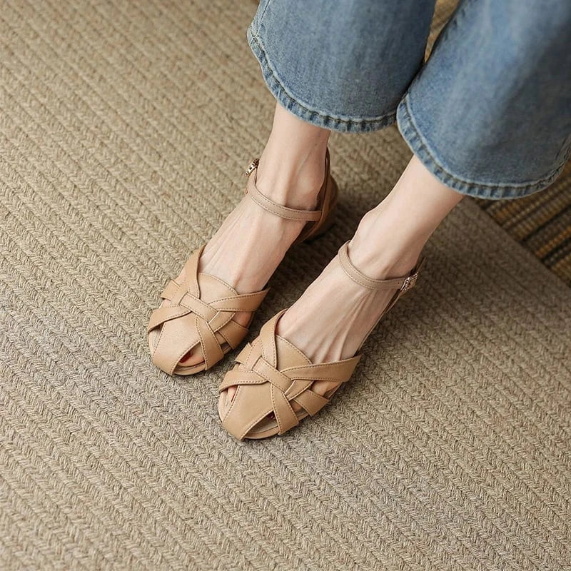 Ubililia Luxury Designer closed toe ankle strap Buckle weave belts slingback Sandals Women Fashion Mid square Heeled Sandals