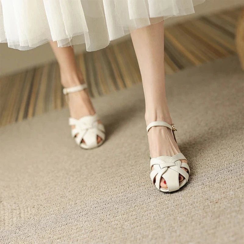 Ubililia Luxury Designer closed toe ankle strap Buckle weave belts slingback Sandals Women Fashion Mid square Heeled Sandals