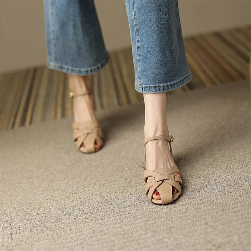 Ubililia Luxury Designer closed toe ankle strap Buckle weave belts slingback Sandals Women Fashion Mid square Heeled Sandals