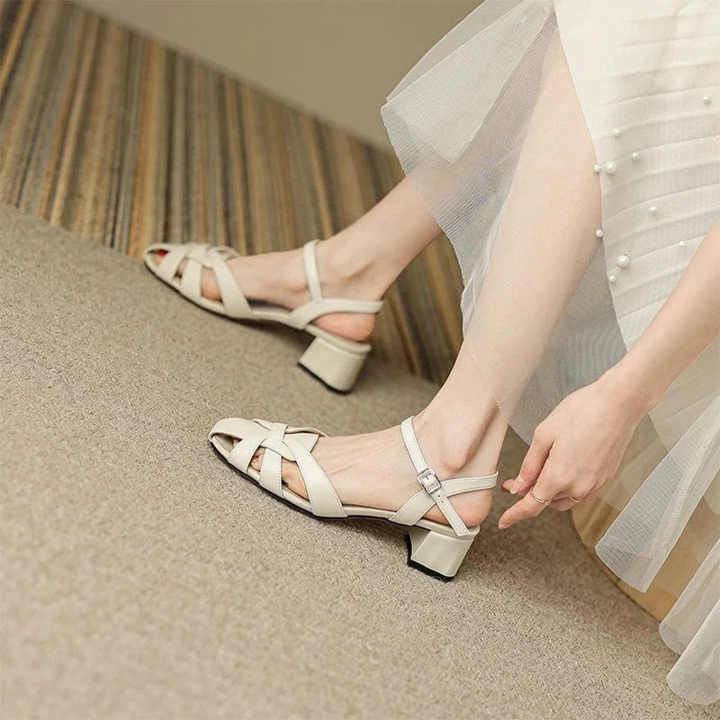 Ubililia Luxury Designer closed toe ankle strap Buckle weave belts slingback Sandals Women Fashion Mid square Heeled Sandals