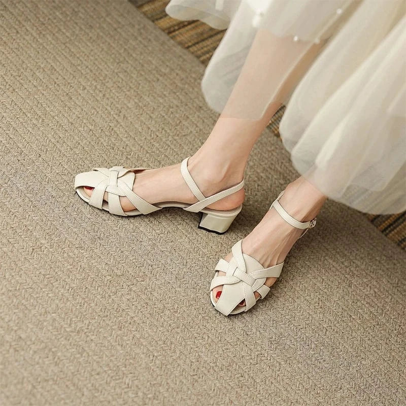 Ubililia Luxury Designer closed toe ankle strap Buckle weave belts slingback Sandals Women Fashion Mid square Heeled Sandals