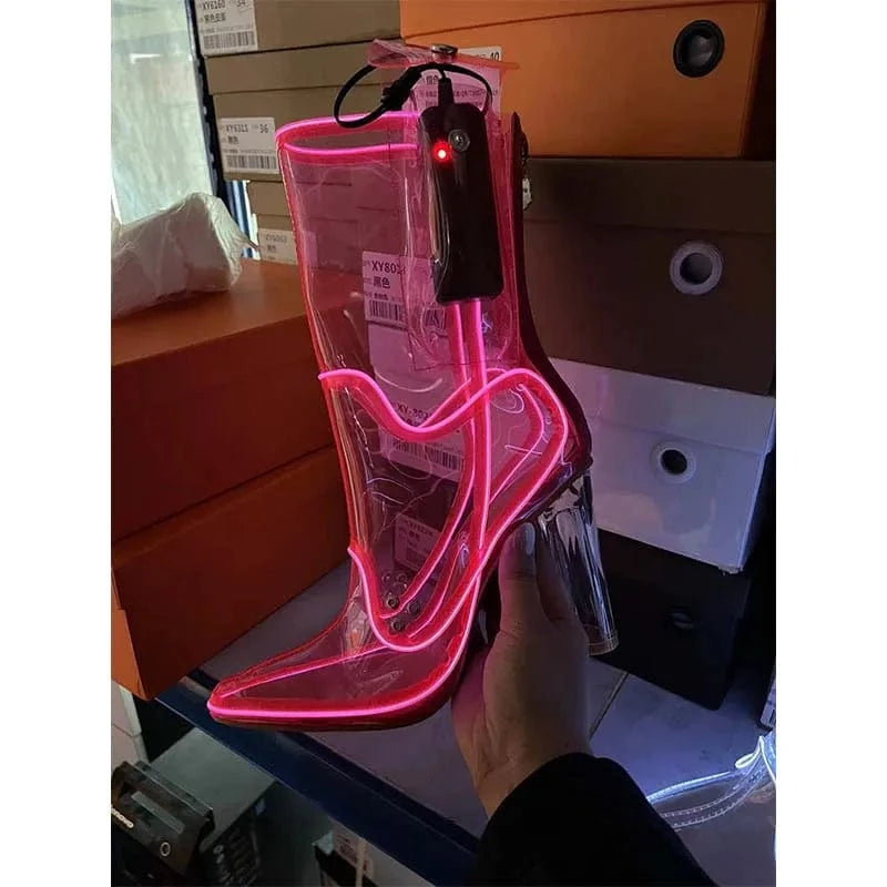 UBILILIA Nightclub Flasher LED light fashion Shoes clear PVC midi booties Crystal block High Heels Transparent Boots For Ladies
