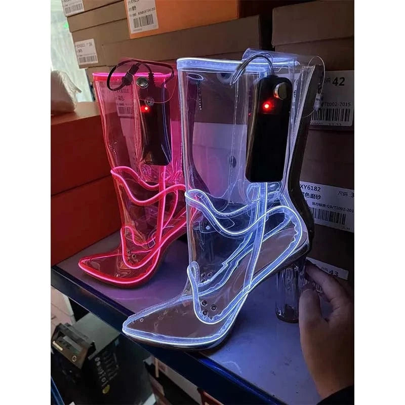 UBILILIA Nightclub Flasher LED light fashion Shoes clear PVC midi booties Crystal block High Heels Transparent Boots For Ladies