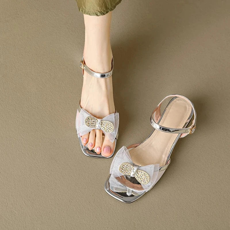 Ubililia Wholesale Sweet Pearl Butterfly High Heel Sandals Women Shoes Korean Style mesh Knot Thick Heel One Buckle Sandals