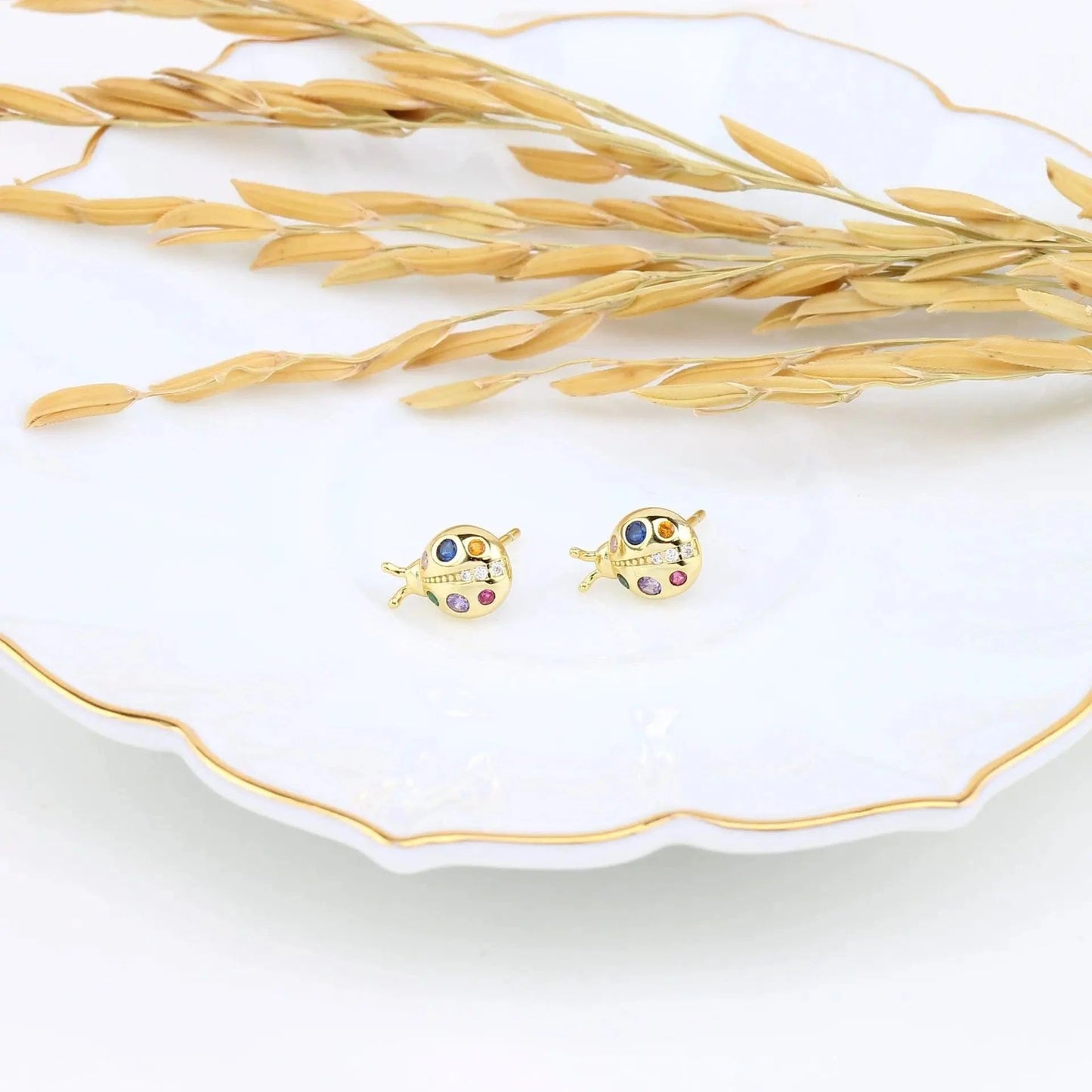 Unique luxury Simple 925 sterling silver Diamond Earrings Lady gold plated statement multi rainbow colored ladybug Stud Earring