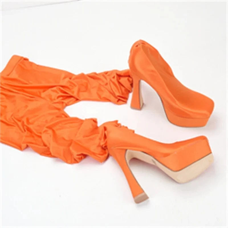US 5.5=EU 35.5 / Orange Trendy Women Over the Knee Long Boots Flat Heel Pu Leather Lace up Female Over Knee Thigh High Boots Plus Size Shoes