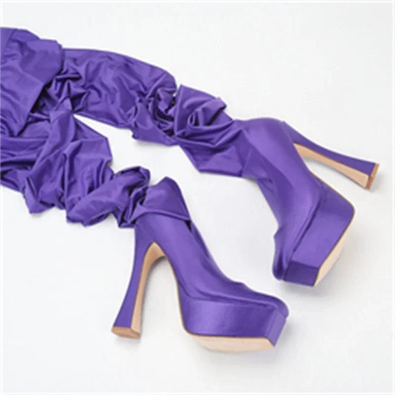US 6=EU 36 / Purple Trendy Women Over the Knee Long Boots Flat Heel Pu Leather Lace up Female Over Knee Thigh High Boots Plus Size Shoes