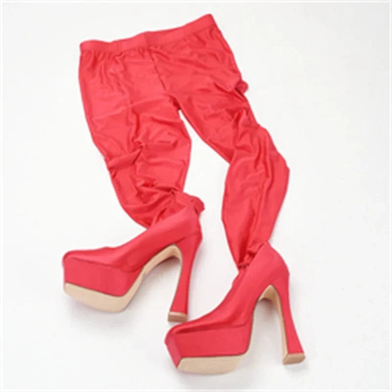 US 7.5=EU 38 / Red Trendy Women Over the Knee Long Boots Flat Heel Pu Leather Lace up Female Over Knee Thigh High Boots Plus Size Shoes