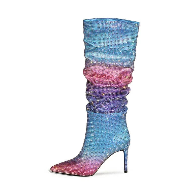 US11/Eur42 / Blue Mujer Women Knee High Heels 8.5-9.5cm Rainbow Gradient Full Drill Knee High Heel Boots Ladies Boots for Women Shoes