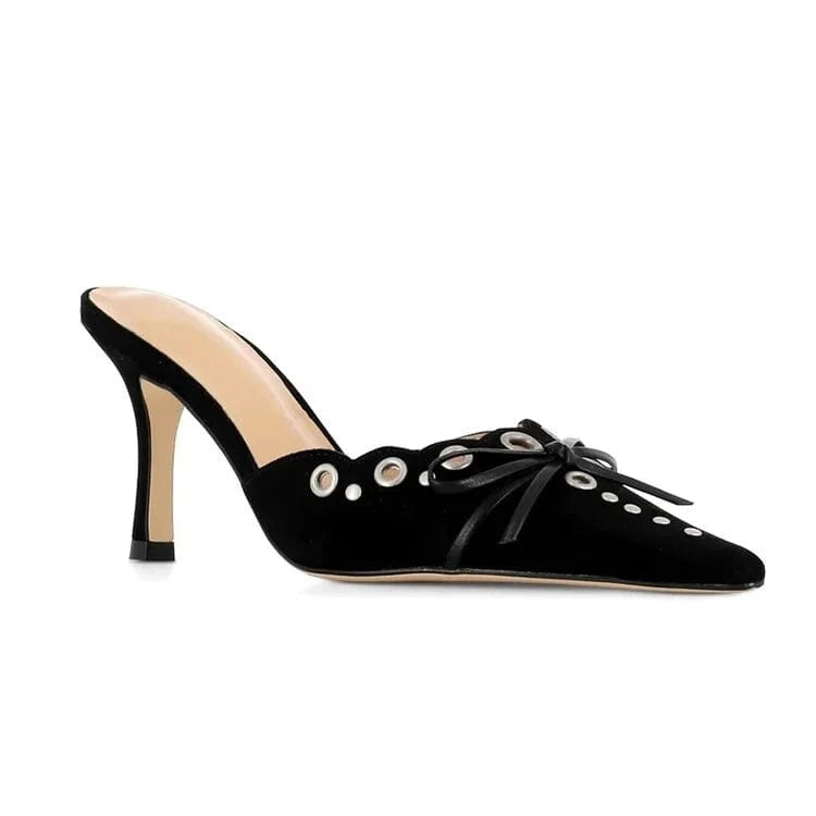 US12.5-13/Eur43 / Black High Quality Sheep Suede Bowknot Hollow Slippers Sexy Pointed Toe Stiletto Sandals For Women Elegant Girls High Heel Sandals