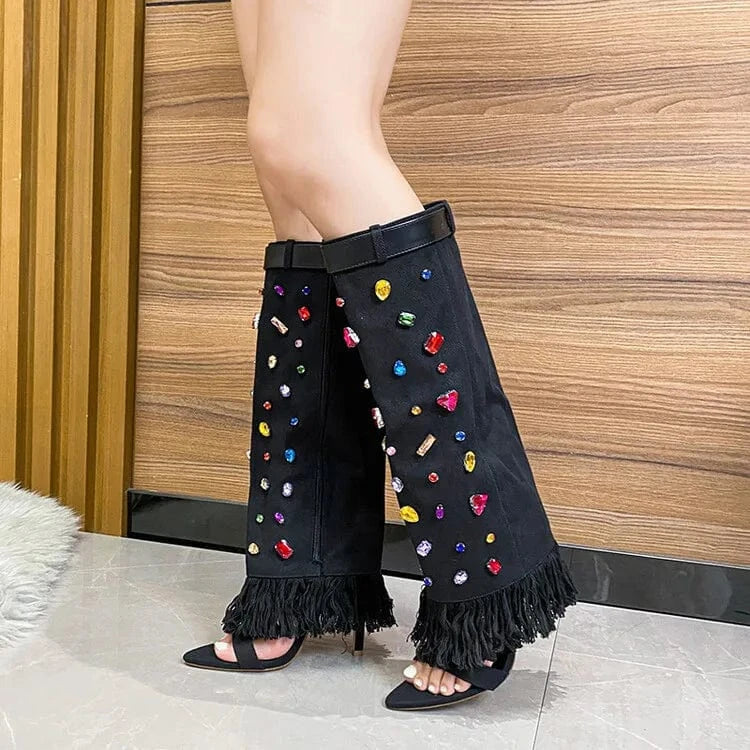 US12.5-13/Eur43 / dark blue Colorful Diamond New Fashion Stiletto Heel Open Toe Cut Pants Shoes Luxury Heel Crystal Women Denim Boots
