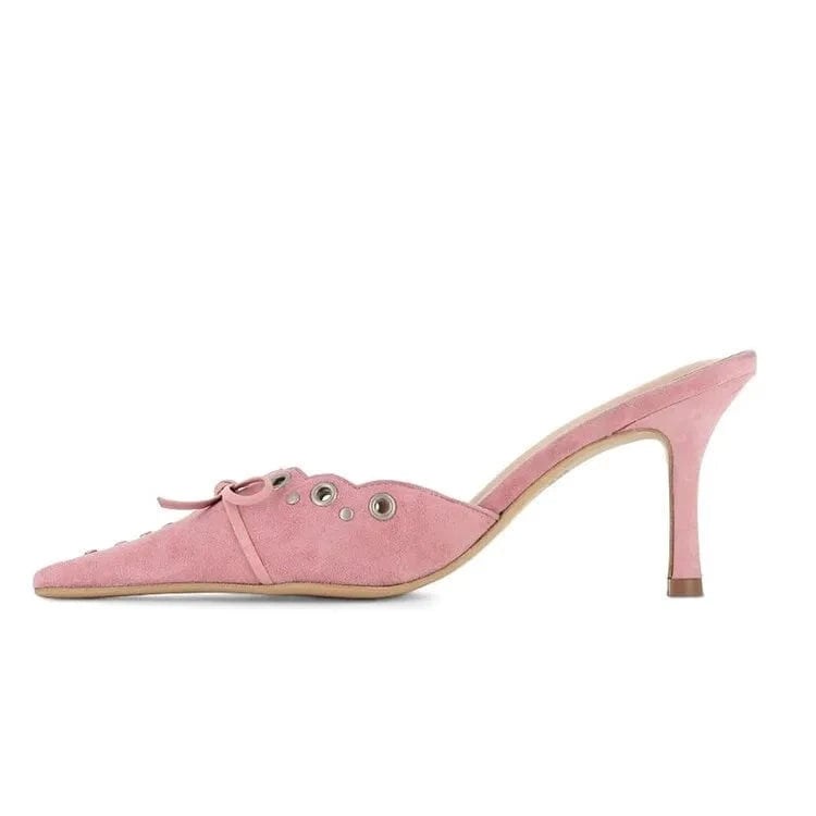 US12.5-13/Eur43 / Pink High Quality Sheep Suede Bowknot Hollow Slippers Sexy Pointed Toe Stiletto Sandals For Women Elegant Girls High Heel Sandals