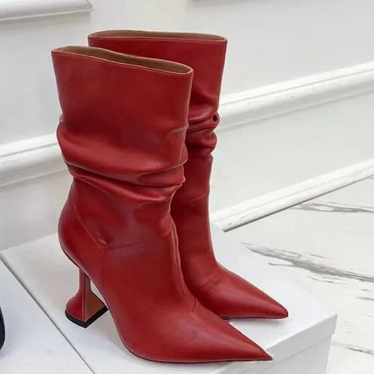 US12.5-13/Eur43 / Red New Ankle Boots High Heels Shaped Women's Boots High Quality 2024 Autumn/winter Semi-gloss Oil Leather PU ZIP Rubber Solid
