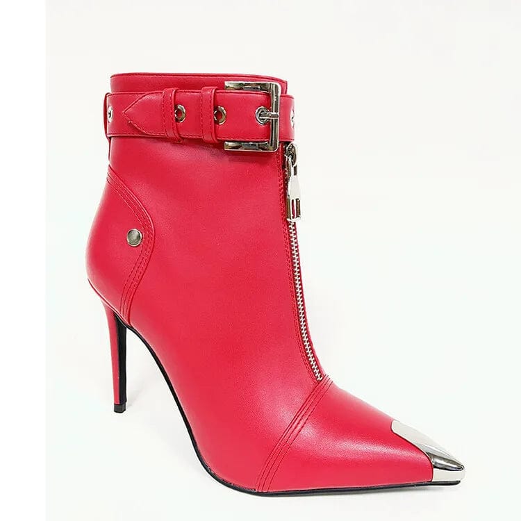 US14.5-15/Eur45 / Red New Winter Autumn Black Stiletto Boot Leather Pointed Toe Ladies Boots High Heels Middle Cylinder Booties Women PU ZIP Rubber