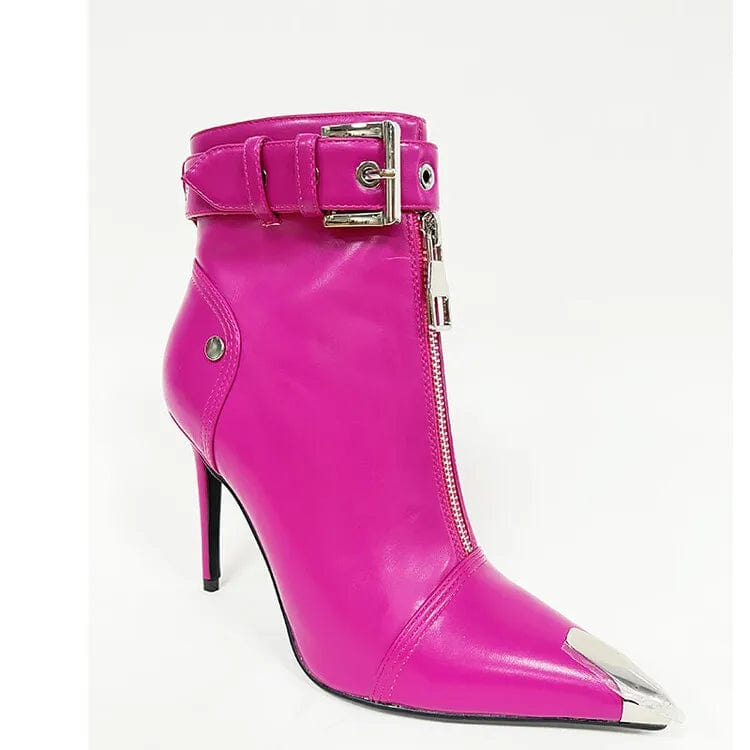 US14.5-15/Eur45 / Rose red New Winter Autumn Black Stiletto Boot Leather Pointed Toe Ladies Boots High Heels Middle Cylinder Booties Women PU ZIP Rubber