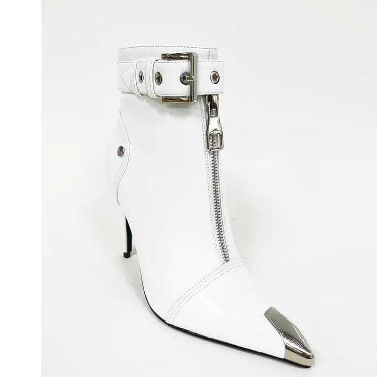 US14.5-15/Eur45 / White New Winter Autumn Black Stiletto Boot Leather Pointed Toe Ladies Boots High Heels Middle Cylinder Booties Women PU ZIP Rubber