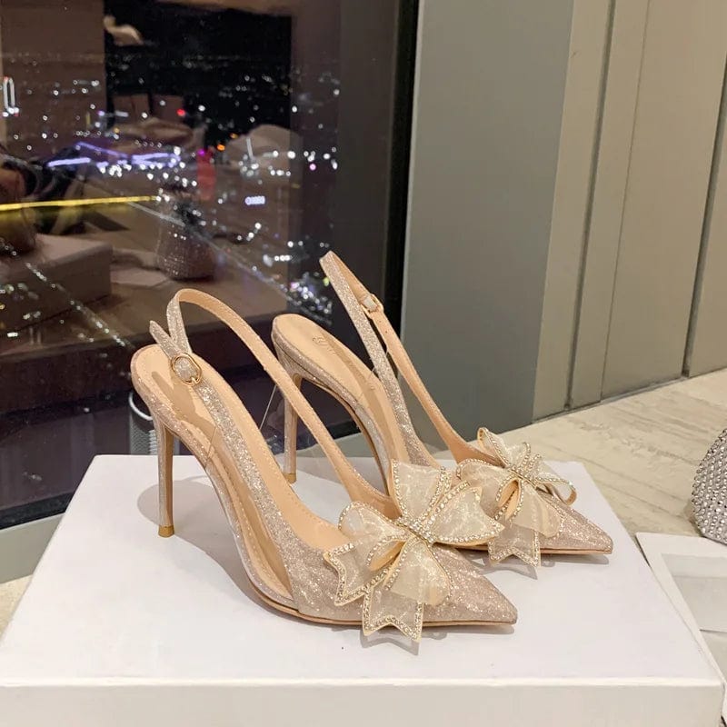 US5-5.5/Eur35 / Champagne New Pointed Bride Wedding Shoes Rhinestone Bow High Heels Sandals Stilettos Slipper Female Ladies Low Heels