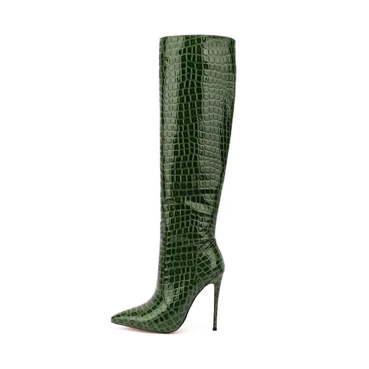 US5-5.5/Eur35 / Dark green 2022 New Stiletto Heels Side Zipper Thigh High Boots Patent Leather Grain Boots Women Fashion Dress Shoes
