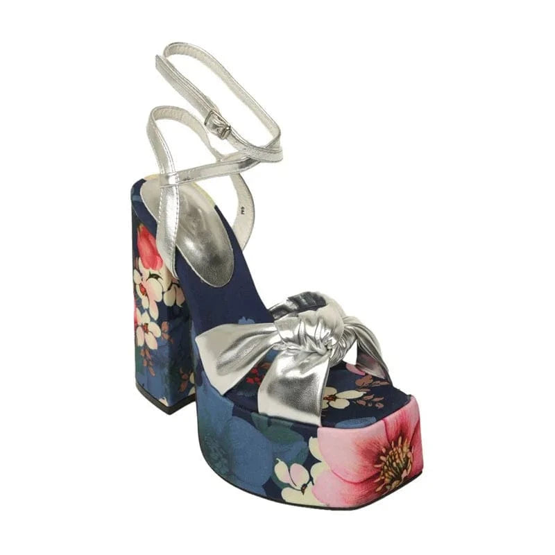 US5/Eur35 / Silver print Talon Haut Women Heeled Sandals 2024 High Heels Sandals Fish Mouth Square Toe Ultra-high Platform Thick Heel Buckle Sandals