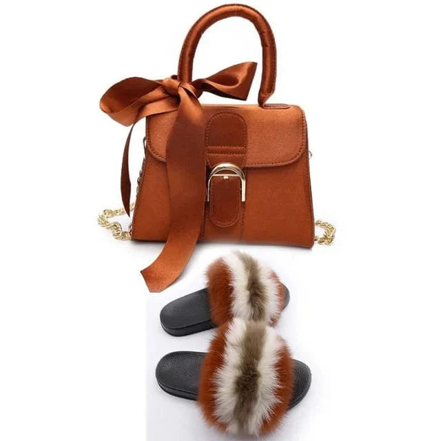 US7 36/37 / 12 Women Shoes Real Fox Fur Slides And Bags Extra Fluffy Furry Luxury Slippers With Purses Comfortable Sandals And Jelly Purse Sets