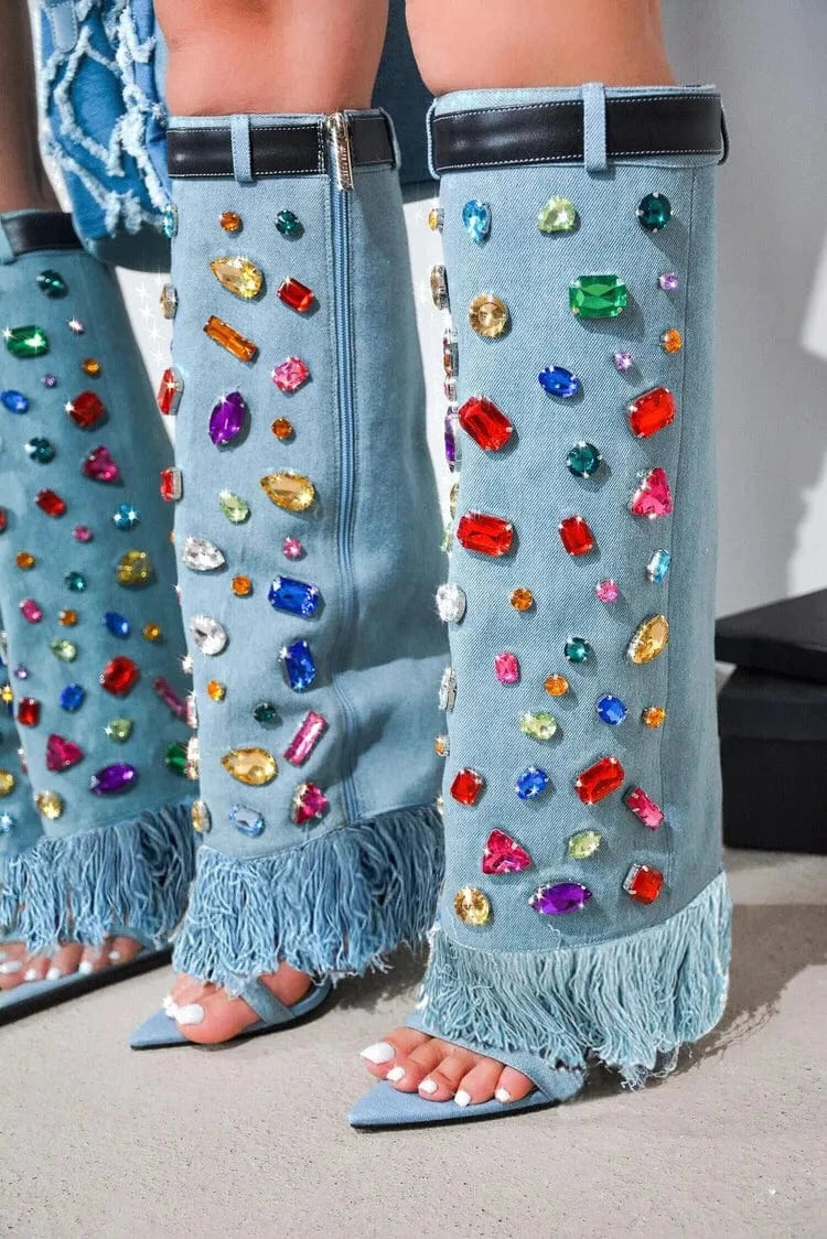 US7-7.5/Eur37 / Black Colorful Diamond New Fashion Stiletto Heel Open Toe Cut Pants Shoes Luxury Heel Crystal Women Denim Boots