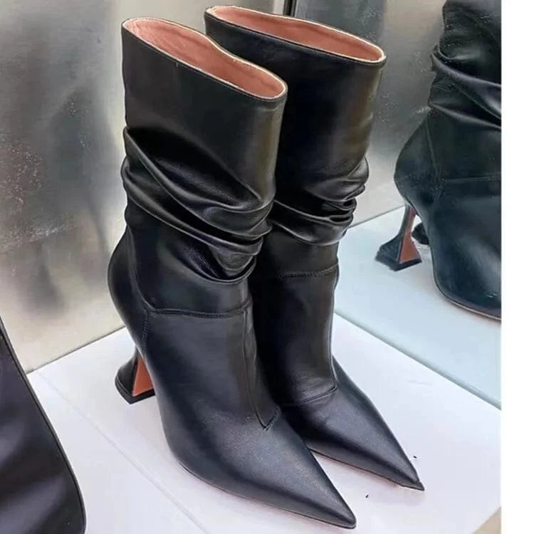 US7-7.5/Eur37 / Black New Ankle Boots High Heels Shaped Women's Boots High Quality 2024 Autumn/winter Semi-gloss Oil Leather PU ZIP Rubber Solid