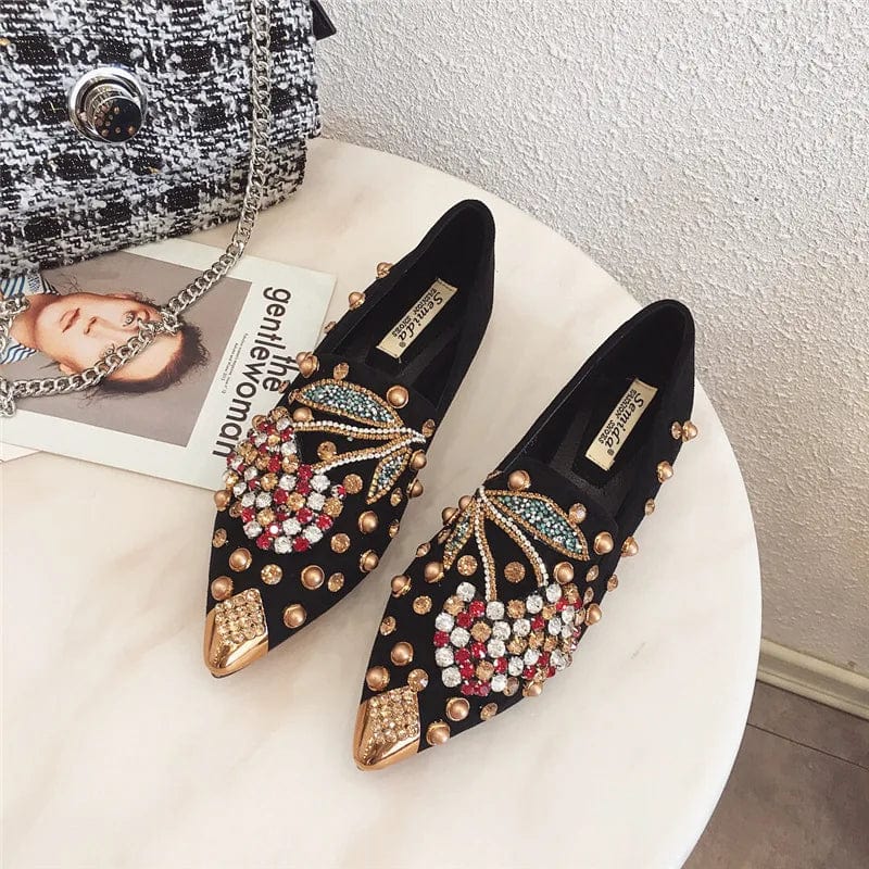 US8-8.5/Eur38 / Black New Women Flat Shoes Rivet Cherry Shoes Rhinestone Ladies Slippers Designs Pointed Celebrity Flat Shoes Ladies Slippers
