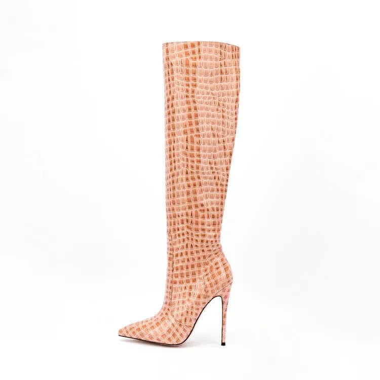 US9-9.5/Eur39 / Apricot 2022 New Stiletto Heels Side Zipper Thigh High Boots Patent Leather Grain Boots Women Fashion Dress Shoes