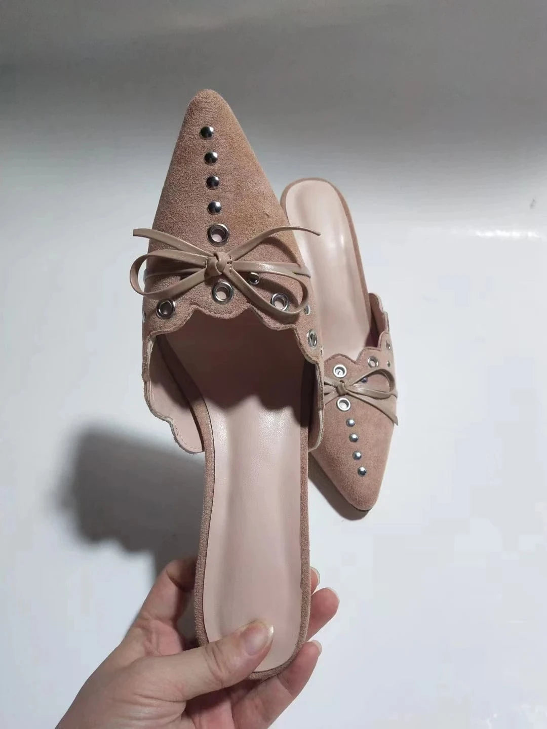 US9-9.5/Eur39 / Apricot High Quality Sheep Suede Bowknot Hollow Slippers Sexy Pointed Toe Stiletto Sandals For Women Elegant Girls High Heel Sandals