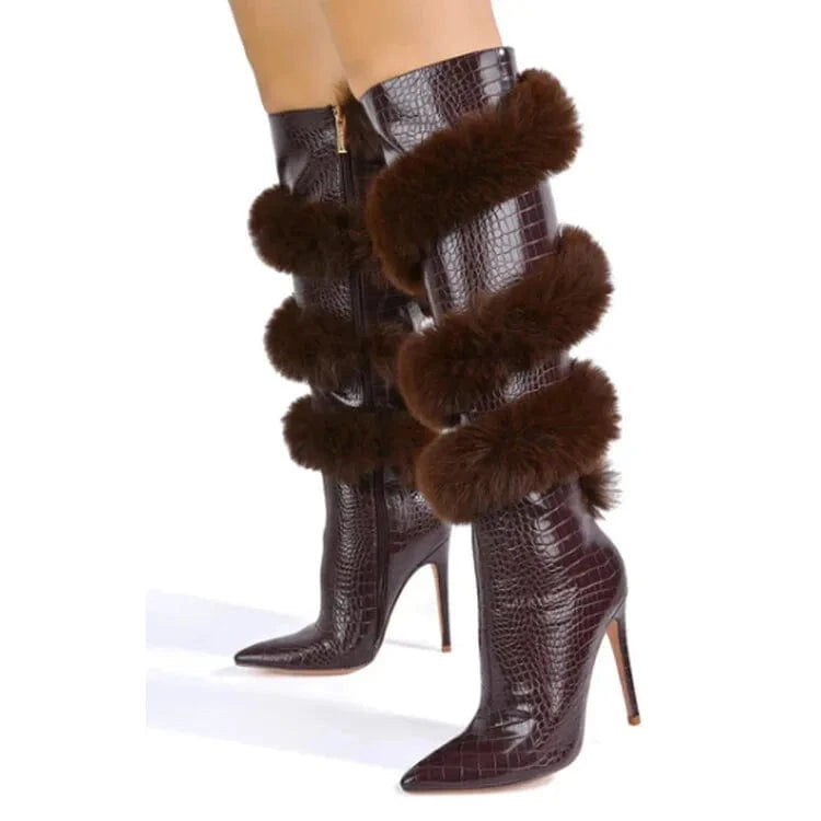 US9-9.5/Eur39 / White Winter Boots For Women Pointed Toe Knee Length Boots Party Dress Furry Boots Women Shoes